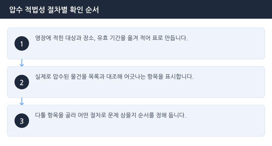 압수 적법성 절차별 확인 순서 흐름도 — 인천압수수색변호사